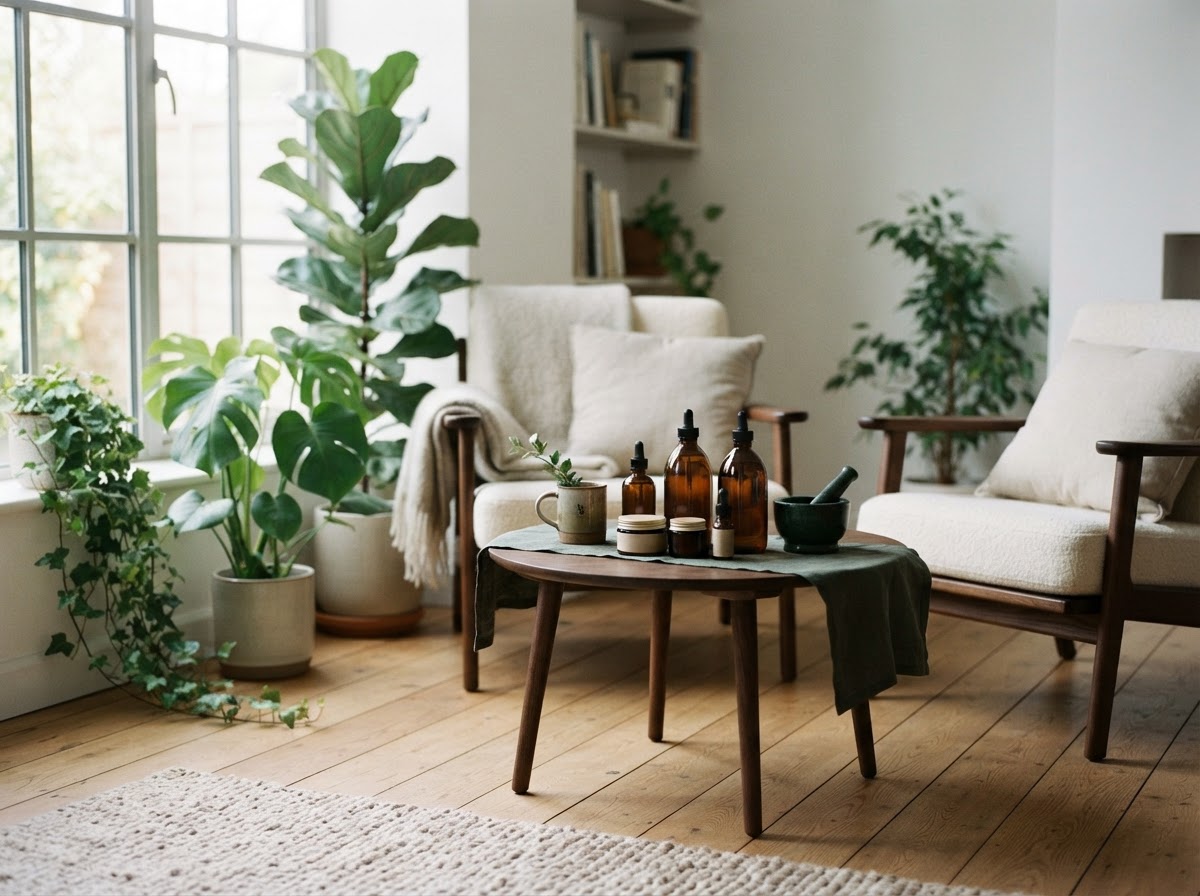 Peaceful morning scene with water glass, wellness routine setup, and natural morning light